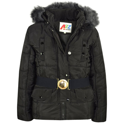 Kids Girls Puffer Jackets Faux Fur Hooded Zipped Belted Coats Age 5-13 Years