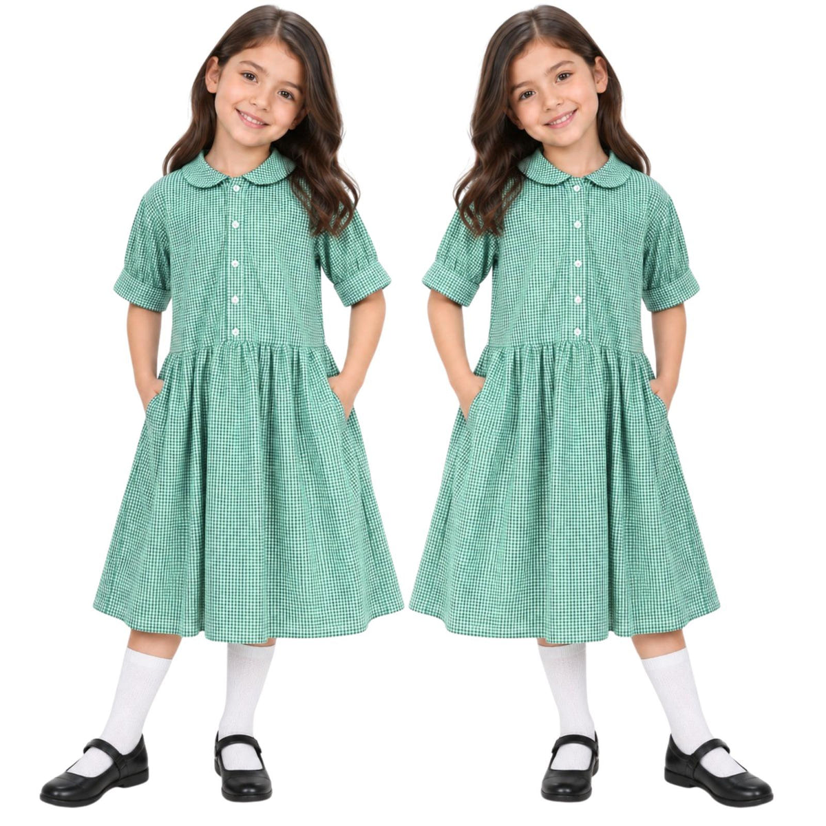 Girls School Gingham Dress Pack Of 2 Check Print Front Button Closure Dresses
