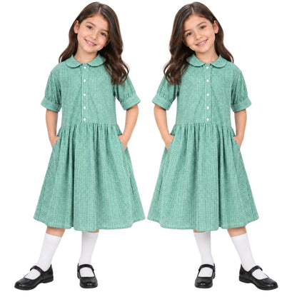 Girls School Gingham Dress Pack Of 2 Check Print Front Button Closure Dresses