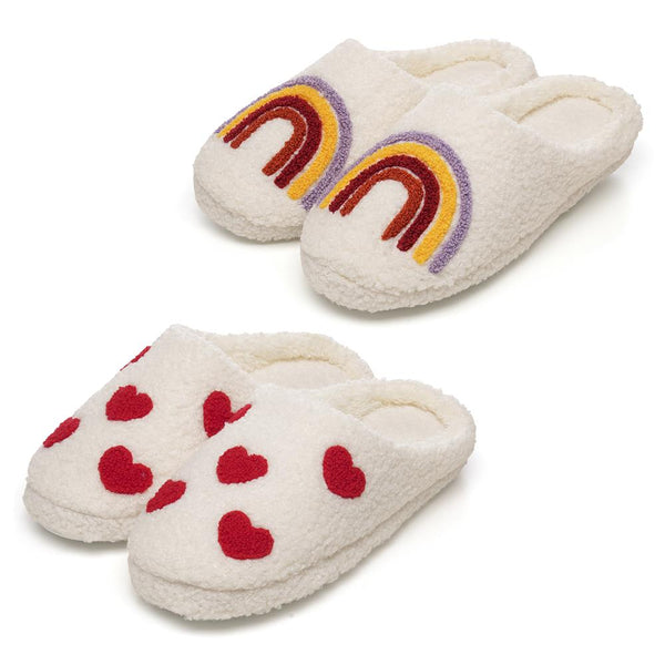A2Z Ladies Heart & Rainbow Mule Slippers Faux Fur Lining & Non-Slip TPR Sole