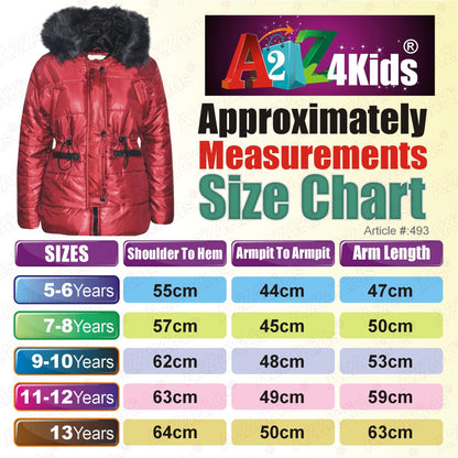 Kids Girls Jackets Puffer Hooded Detachable Faux Fur Wet Look Padded Long Coats