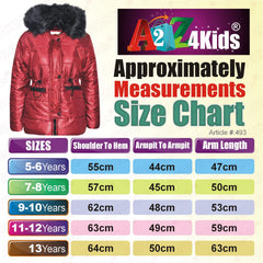 Kids Girls Jackets Puffer Hooded Detachable Faux Fur Wet Look Padded Long Coats