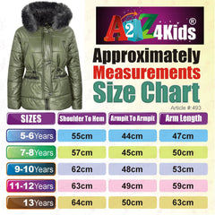 Kids Girls Jackets Puffer Hooded Detachable Faux Fur Wet Look Padded Long Coats