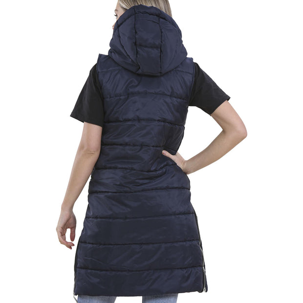 Ladies Sleeveless Gilet Oversized Hooded Quilted Gilet Padded Long Line Coat