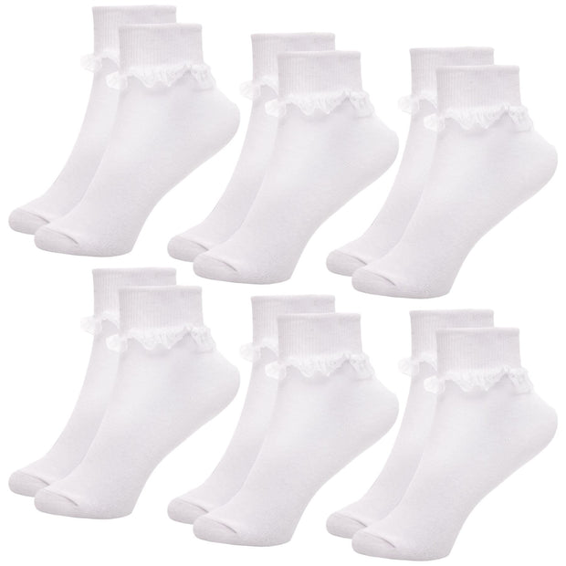 Kids Girls Frilly Lace Socks Pack of 6 Cotton School Party Lace Trim Ankle Socks
