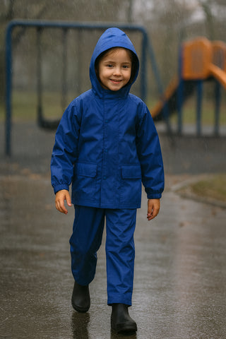 Kids Boys Girls Waterproof Hooded Rain Suit Jacket & Pants Set with Bag 3-14 Yrs