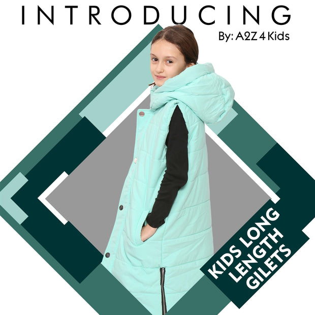 A2Z Kids Girls Down Vest Fashion Oversized Mint Hooded Quilted Gilet Padded Long Line Vest Jacket Long Sleeveless Coat Urban Winter Wear