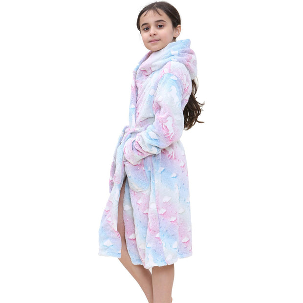 Kids Girls Fleece Glow In The Dark Sherpa Hooded Unicorn Dressing Gown Soft Robe
