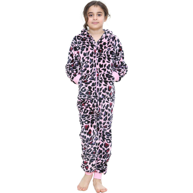 A2Z 4 Kids Girls Onesie Leopard Pyjama Sets Onesie One Piece Hooded All In One