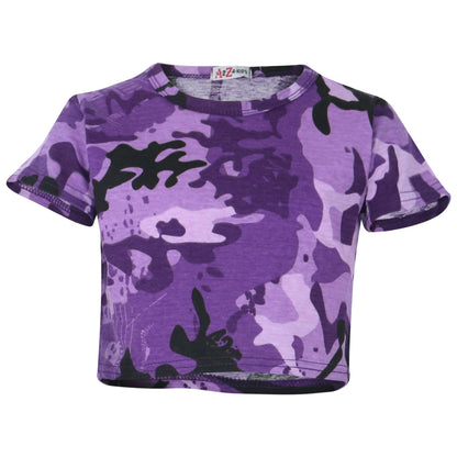 A2Z 4 Kids Camouflage Crop Top & Skater Skirt Set Short Sleeves T Shirt Summer Outfit 2 Piece Activewear For Girls Age 5-13 years