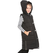 A2Z Kids Girls Black Hooded Quilted Gilet Padded Long Line Vest Down Vest Oversized Jacket Long Sleeveless Coat Urban Winter Wear Age 7 8 9 10 11 12 13 Years