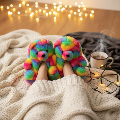 Kids Girls Womens 3D Rainbow Bear Slippers Cute Animal Face Soft Plush Warm Shoe