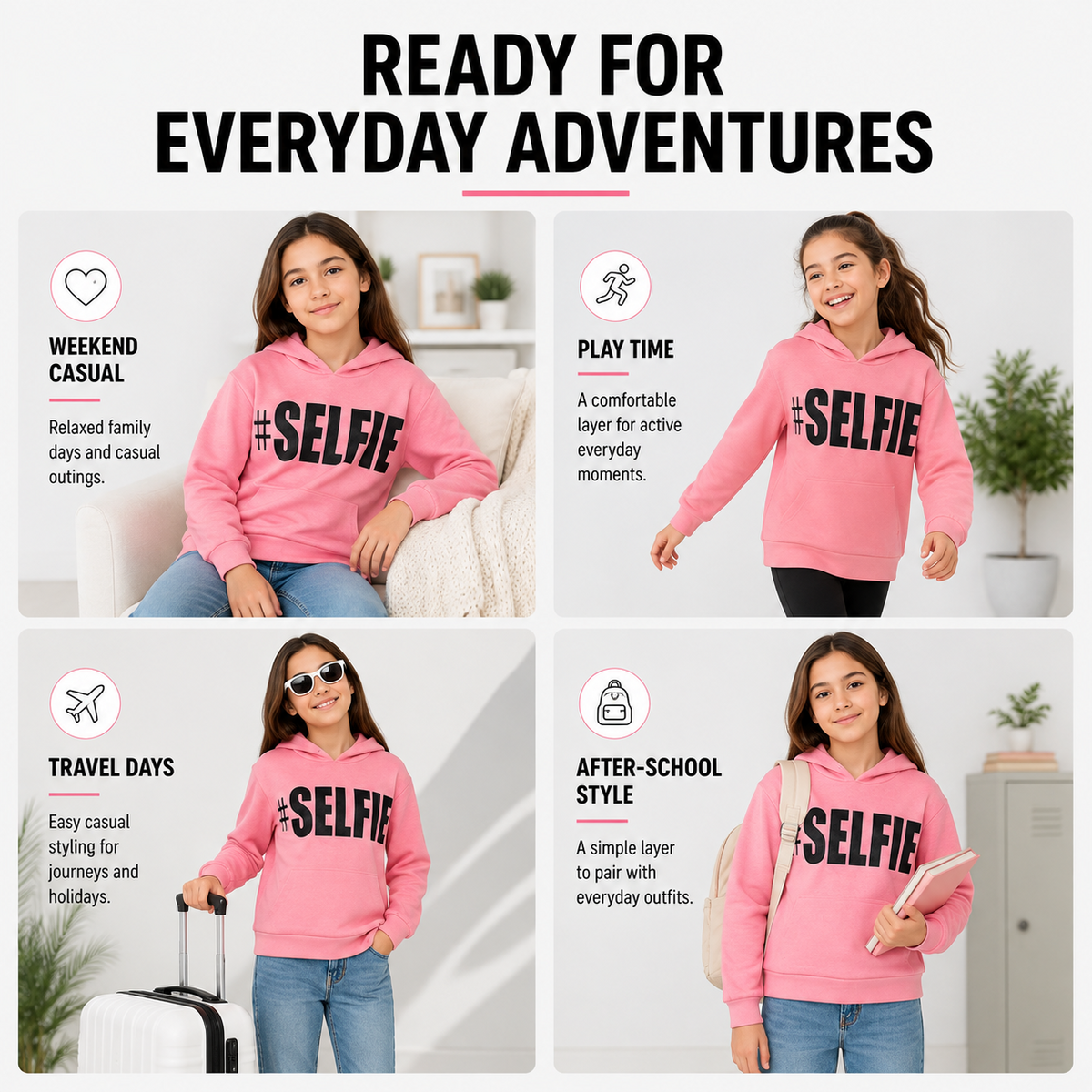 Kids Girls Boys Sweat Shirts Tops #Selfie Hooded Jumpers Hoodies New Age 2-13 Yr