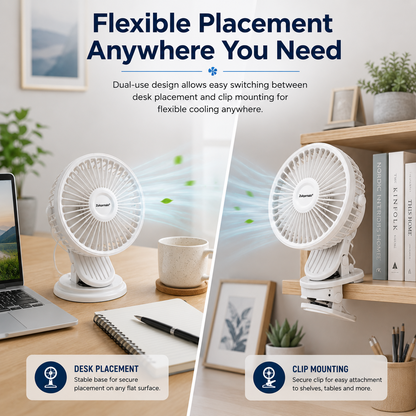 5 Inch USB White Clip Desk Fan 2 in 1 Portable Cooling Fan with 3 Speed Settings