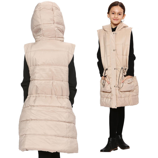 A2Z Kids Girls Down Vest Fashion Oversized Stone Hooded Quilted Gilet Padded Long Line Vest Jacket Long Sleeveless Coat Urban Winter Wear Age 7-13 Years