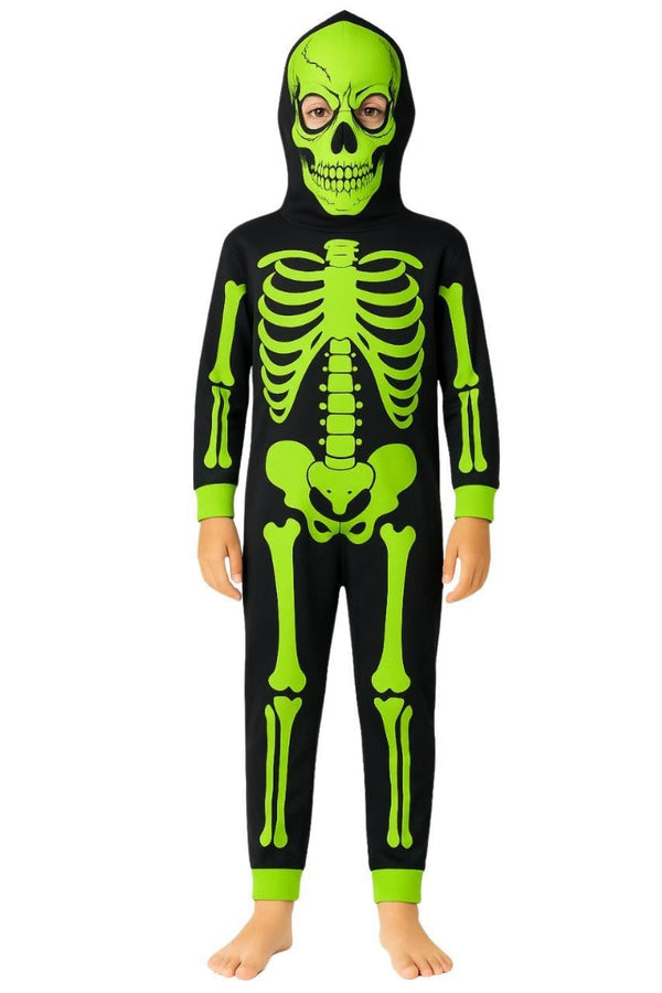 Kids Girls Boys Skeleton Print Pyjama Onesie Neon Green All In One Halloween Costume
