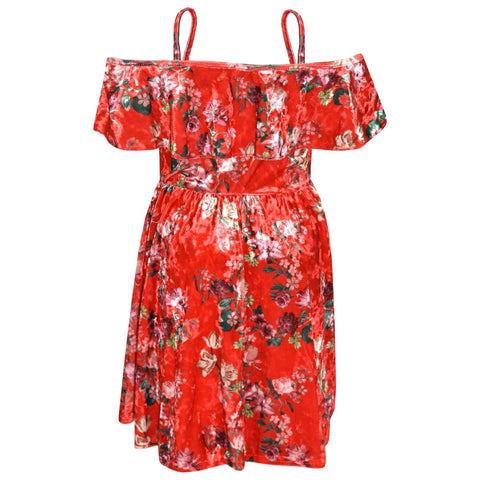 Kids Girls Skater Dress Floral Red Summer Party Off Shoulder Dresses 7-13 Years