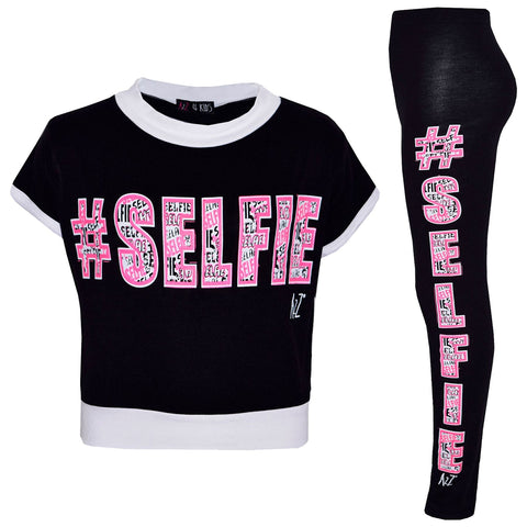 Girls Top Kids #Selfie Print Designer T Shirt & Graffiti Legging Set 7-13 Years