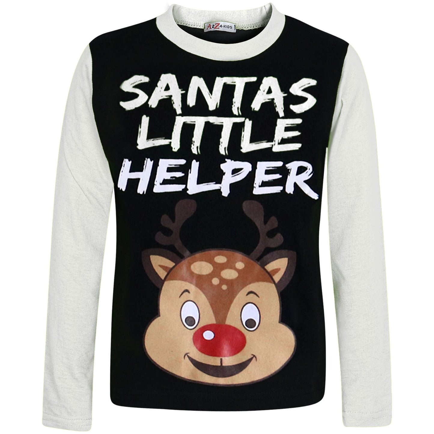 Kids Girls Boys Pyjamas Santas Little Helper Reindeer Contrast Sleeves Xmas PJS