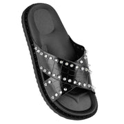 Womens Crossover Strap Slidder With Stud Comfortable Summer Flat Sandals Shoes