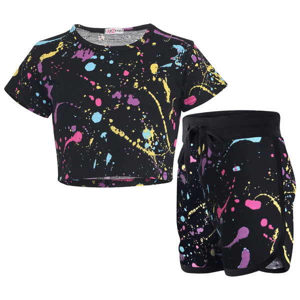 Kids Pastel Splash Crop Top & Shorts Set Active Wear Summer Girls Boys Age 5-13
