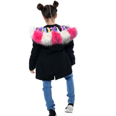 Kids Faux Fur Lined Parka Coat Rainbow Fur Hooded Jacket Girls Boys Age 2-13 Yrs