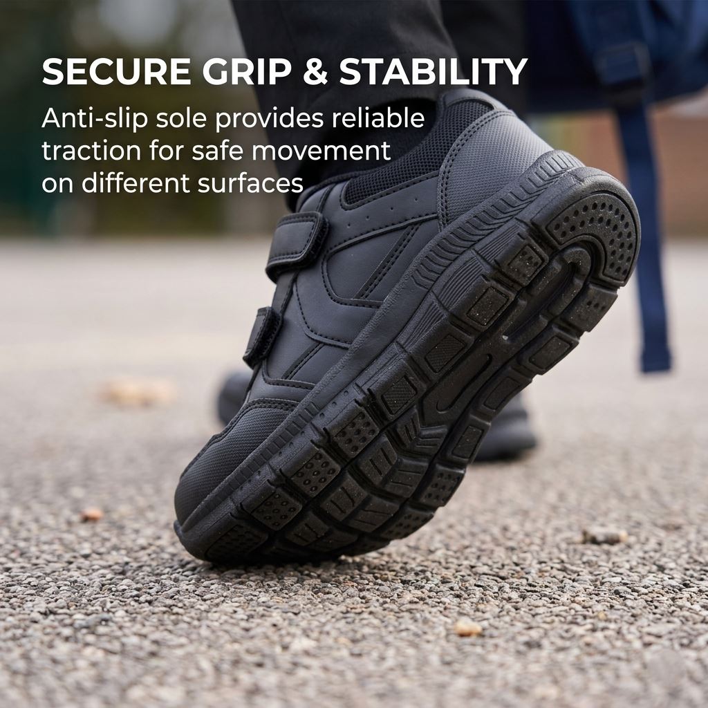 Kids Boys School Shoes Black Twin Strap Touch Fastening Trainers PU Grip Sole