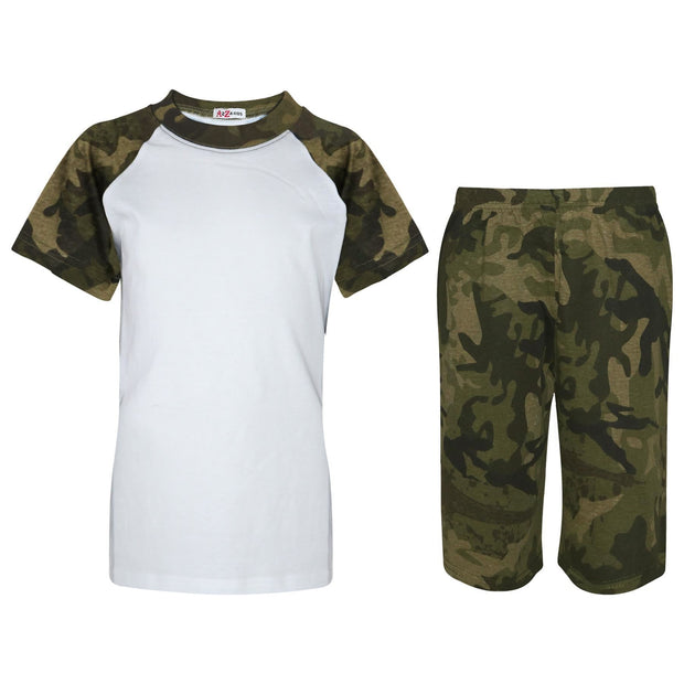 A2Z 4 Kids Raglan Style T Shirt & Shorts Camo Green Contrast PJS Super Soft Matching Top Bottom Pyjamas Comfy Loungewear Dress Up Outfit Gifts for Children Girls Boys Age 5-13 Years - A2Z 4 Kids