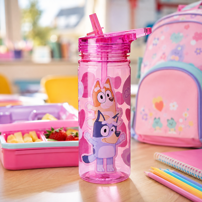 Bluey Kids Water Bottle 580ml Straw Carry Handle Reusable Plastic Drinks Bottle