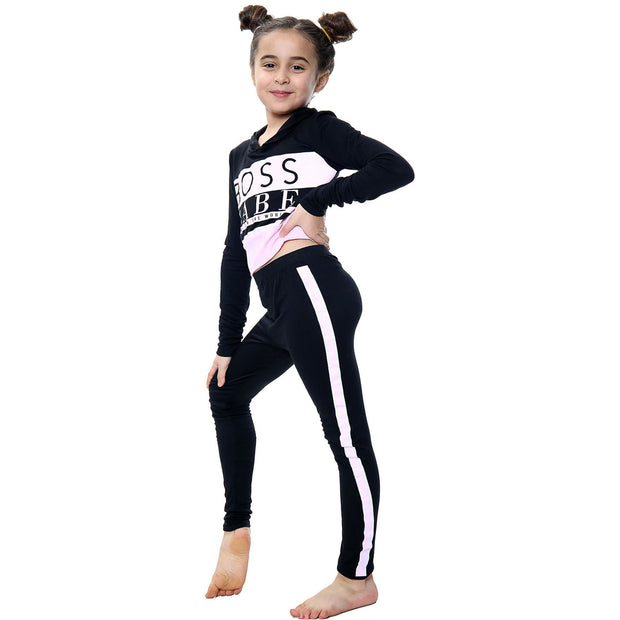 A2Z 4 Kids Girls Crop Top Boss Babe Printed Black Hooded Long Sleeves Top & Trendy Fashion Legging Outfit Sets New Age 7 8 9 10 11 12 13 Years