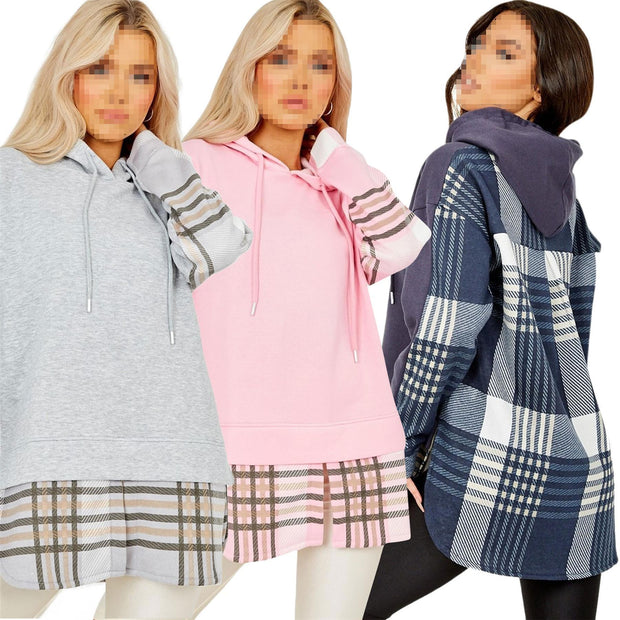 Ladies Hooded Shacket Check Print Colour Block Zip Up Shirt Jacket Oversize Coat