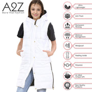 A2Z Kids Girls Fashion Oversized Hooded Quilted Gilet White Color Padded Long Line Vest Jacket Long Sleeveless Coat Urban Winter Wear Coat 7-13 Years