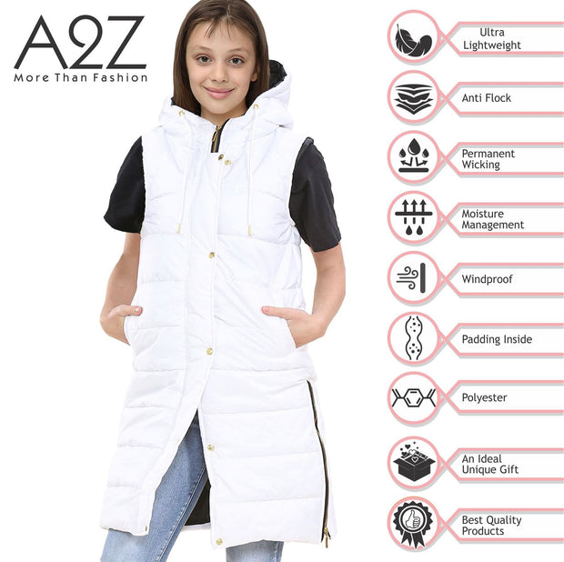 A2Z Kids Girls Fashion Oversized Hooded Quilted Gilet White Color Padded Long Line Vest Jacket Long Sleeveless Coat Urban Winter Wear Coat 7-13 Years