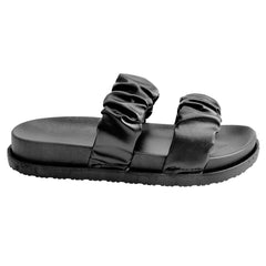 Womens Double Strap Ruched Flat Sandals Slip-On Casual Summer Slider Mule Shoes