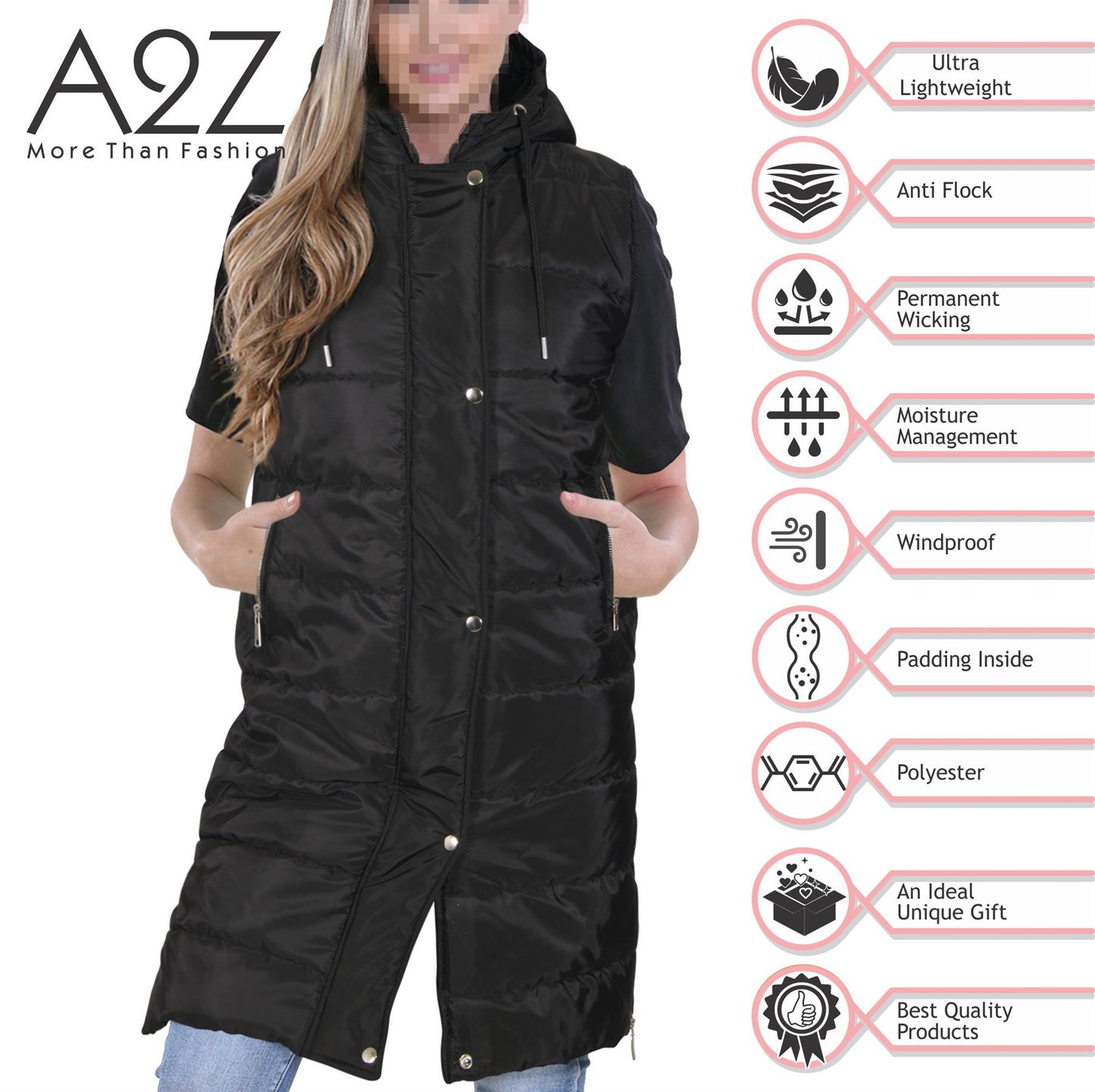 A2Z Ladies Down Vest Oversized Hooded Silver Zipped Quilted Gilet Padded Long Line Vest Black Jacket Long Sleeveless Fashion Coat S/M/L/XL/XXL/3XL/4XL