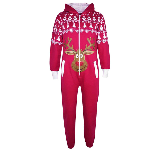 Kids Girls Boys Novelty Christmas Reindeer Print Fleece Onesie All In One Jumpsuit Attire Age 5-13 Years