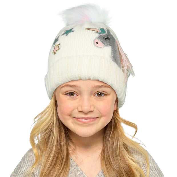 Kids Girls Cable Knit Hat Unicorn Embroided Bobble Baenie Pom Pom Soft Cosy Hat