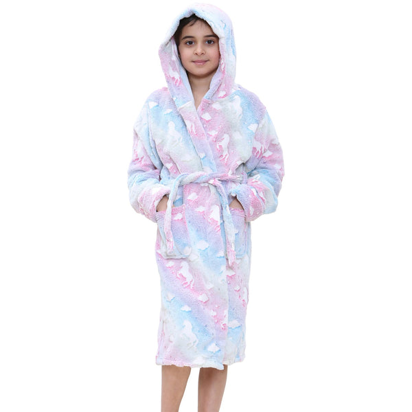 Kids Girls Fleece Glow In The Dark Sherpa Hooded Unicorn Dressing Gown Soft Robe