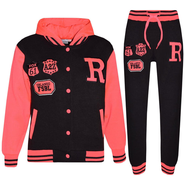 A2Z 4 Kids Girls Boys Black & Neon Pink Baseball Tracksuit FOX Jacket & Trouser Sports Hoodie Bottom Joggers Age 2 3 4 5 6 7 8 9 10 11 12 13 Years