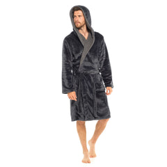 Mens Flannel Fleece Hooded Dressing Gown Sherpa Lined Robe with Belt & Pockets