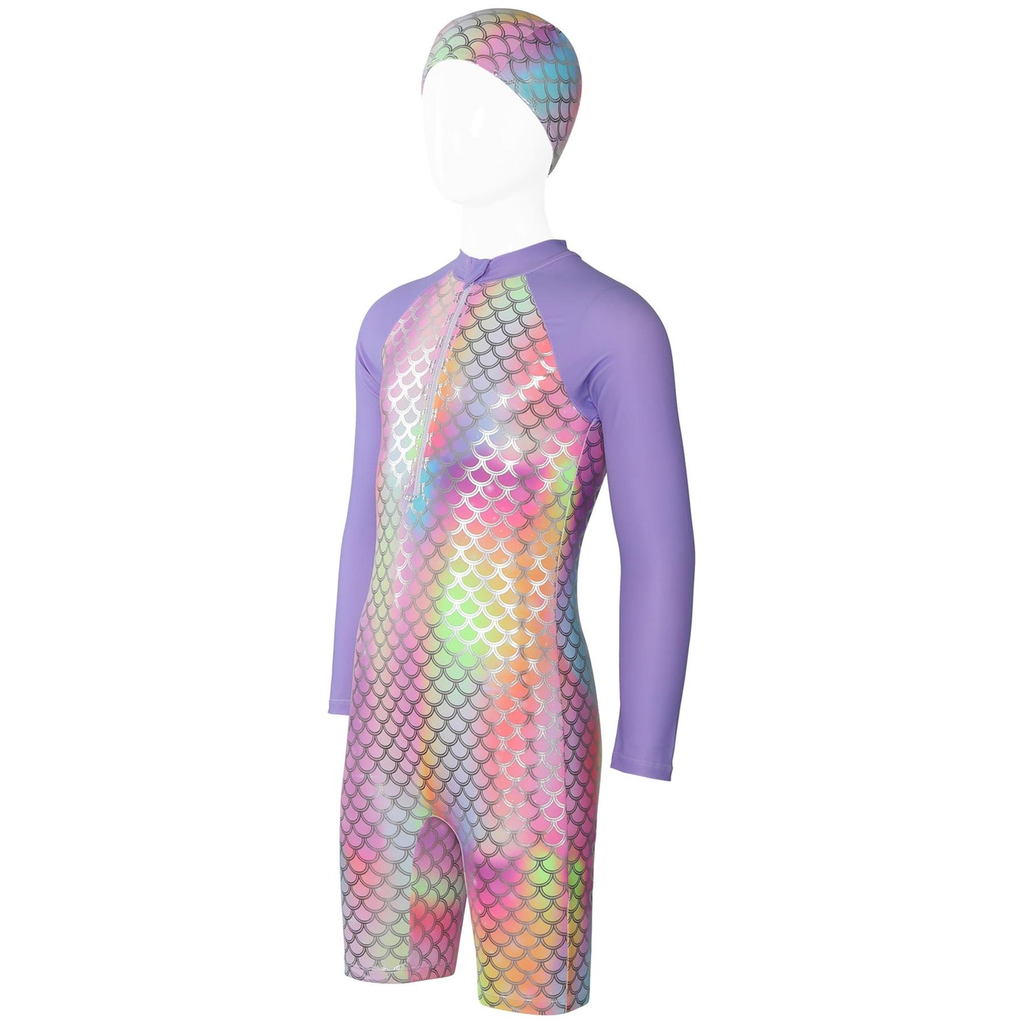 Kids Girls Rainbow Swimsuit With Hat Surfing Diving Quick Dry Swimwear Suit