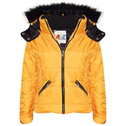 Girls Puffer Jacket Quilted Winter Coat Faux Fur Hood Warm Padded Zipped Coat