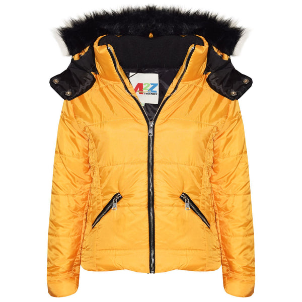 Girls Puffer Jacket Quilted Winter Coat Faux Fur Hood Warm Padded Zipped Coat