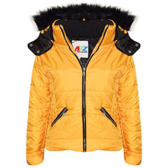 Girls Puffer Jacket Quilted Winter Coat Faux Fur Hood Warm Padded Zipped Coat