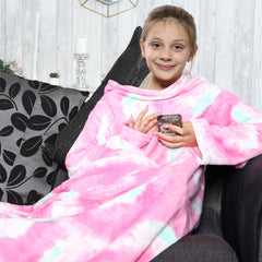 Girls Tie Dye Pink Wearable Snuggle Blanket With Sleeves Super Soft Warm Fleece
