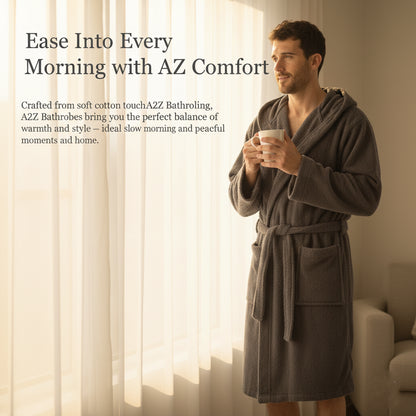 Mens Hooded Towelling Robe Soft Cotton Absorbent Bathrobe with Belt Deep Pockets