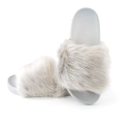 Womens Fluffy Fur Slipper Open Toe Slip-On Fashion Sliders for Ladies Sandals