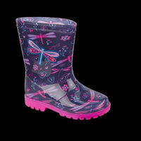 Kids Girls Dragonfly Wellington Waterproof Rain Boots with Heart & Flower Print