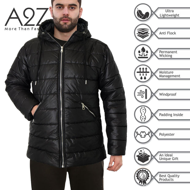 A2Z Mens Ladies Hooded Silver Zipped Puffer Black Jacket Padded Long Sleeves Coat Fashion Jacket S-XXL