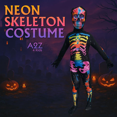 Kids Boys Girls Skeleton Glow Costume Skull Mask Halloween Fancy Dress One Piece